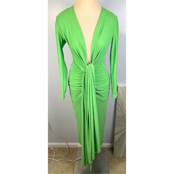 Solace London Lorena Draped Front Deep V Bright Green Midi Dress Size 6 - Picture 3 of 8